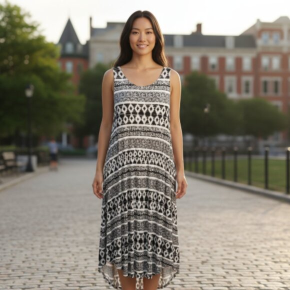 Ann Taylor LOFT Women's Sundress Sz M Hi-Lo Geometric Sleeveless Elastic Waist - Picture 1 of 14